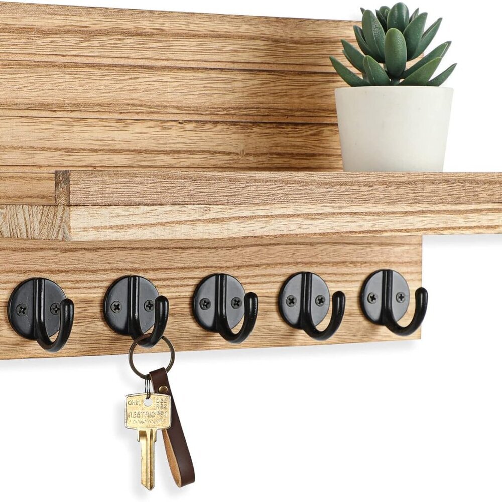 Key Holder for Wall, Decorative Key and Mail Holder with Shelf Has Large Key Hoo